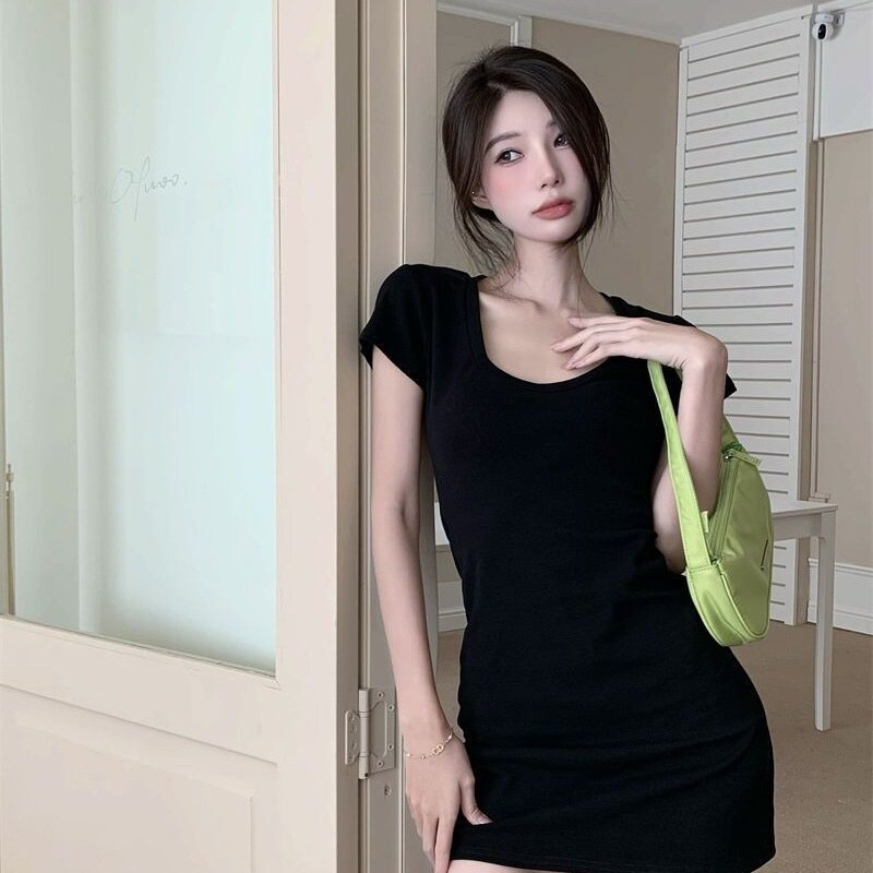 辣妹紧身包臀短袖连衣裙女夏季小个子修身收腰甜辣御姐纯欲短裙子