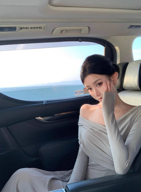 JAYKY YANG卡其绿长袖褶皱连衣裙修身收腰长款针织裙