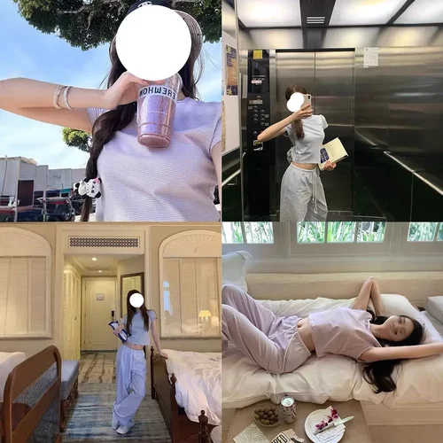 早安樊樊 可外穿家居风套装清爽条纹圆领短T恤+抽绳休闲长裤女夏