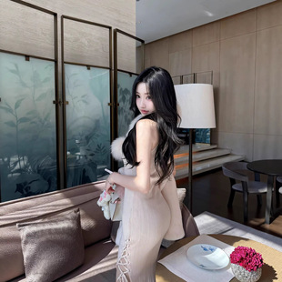 DFAY 甜桃 绑带开叉针织裙弹力修身显瘦温婉气质百搭连衣裙女冬季