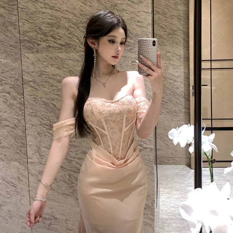 4606跨境外贸女装东南亚法式辣妹一字肩晚礼服蕾丝长裙连衣裙