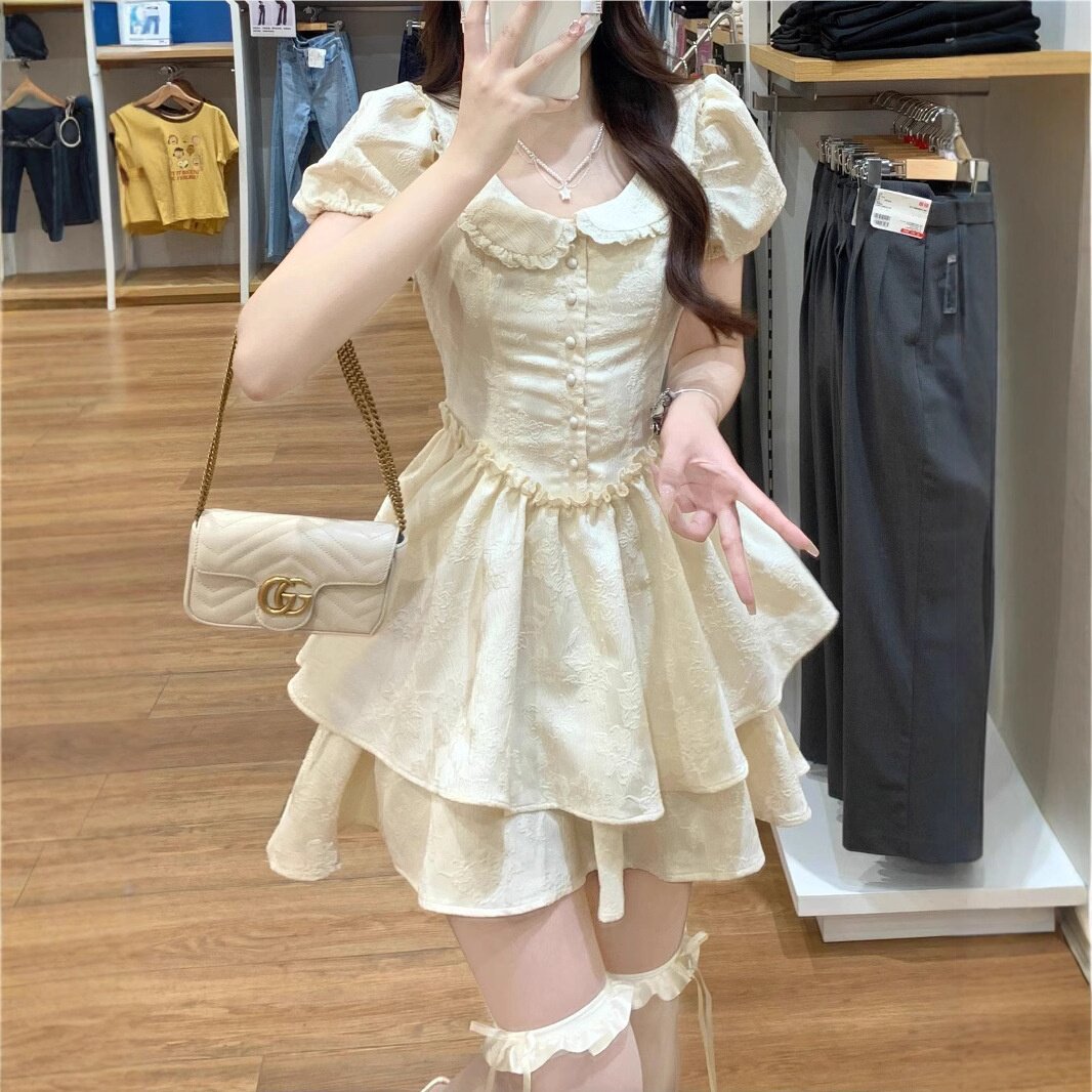 法式甜美初恋小个子娃娃领连衣裙女学生夏季收腰显瘦泡泡袖蓬蓬裙