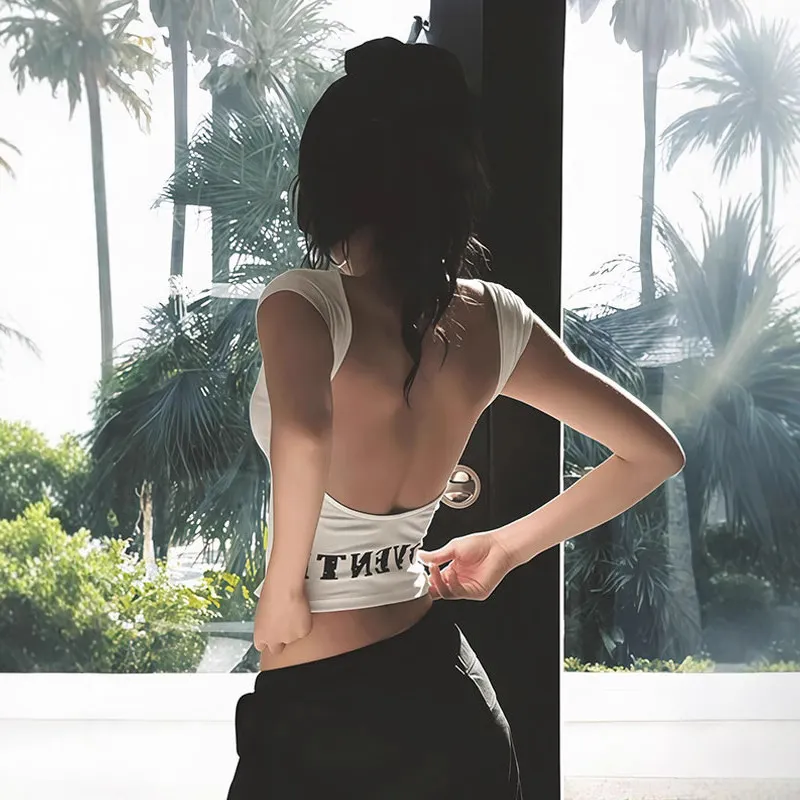 美式白色辣妹正肩短袖T恤女夏季法式掐腰紧身高腰大露背短款上衣