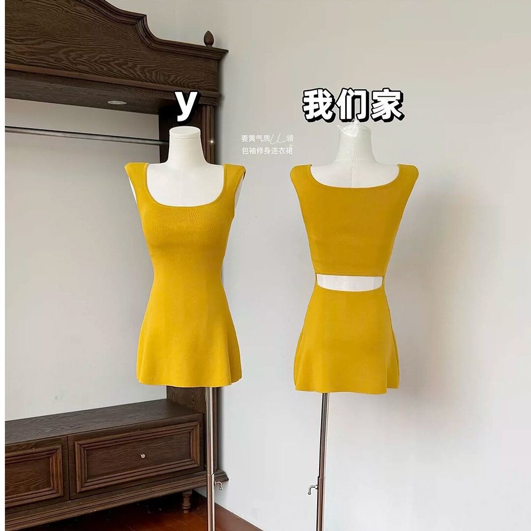 纯欲风黄色气质无袖针织连衣裙新款后背镂空辣妹收腰显瘦短裙子女