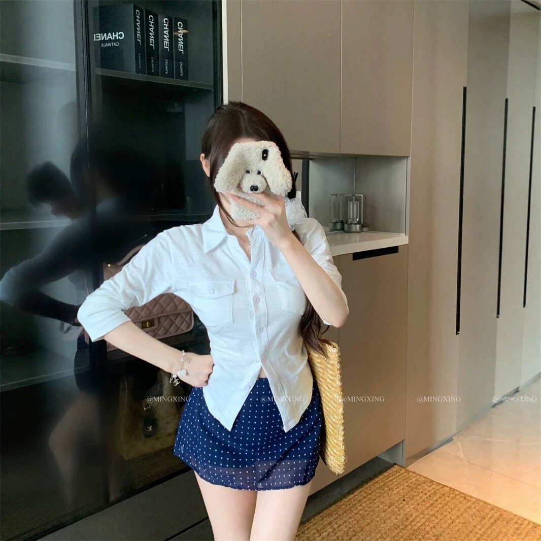 纯棉法式白色polo领七分袖衬衫女夏短款收腰波点设计包臀裙两件套