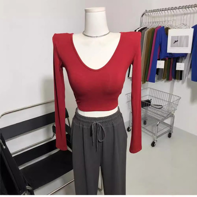 爆版主推！26色 垫肩深V长袖T恤紧身短款打底衫上衣露脐装早秋新