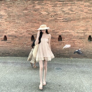 famouswang气质抹胸蕾丝拼接皱皱连衣裙女小个子广州十三行现货