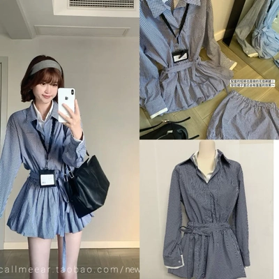 CallmeEar//假两件衬衫裙学院风衬衫裙秋系带收腰A字连衣裙