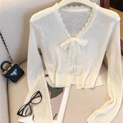 蕾丝拼接花边长袖针织开衫女春夏防晒空调罩衫薄款冰丝外搭小上衣