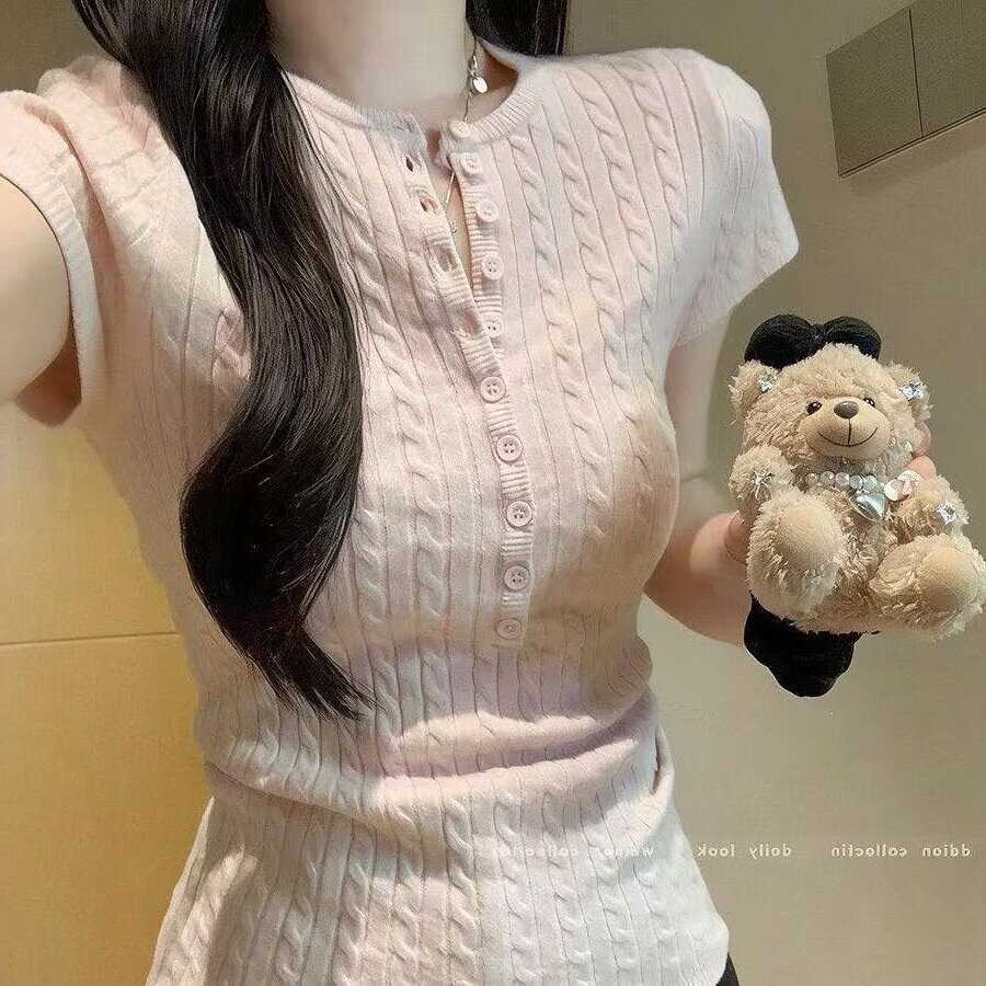 韩版甜美粉色麻花针织短袖女春夏2026新款修身半开领T恤上衣黑色