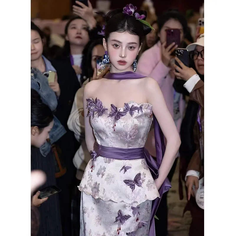 新中式晨袍女2025新款设计感小众新娘订婚礼裙紫色抹胸出阁敬酒服
