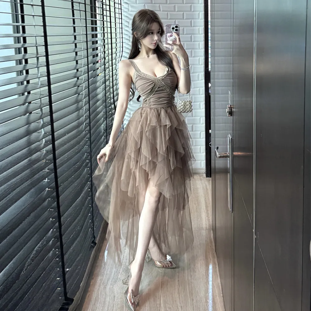 7879欧美东南亚外贸2025女装设计感不规则网纱吊带礼服连衣裙