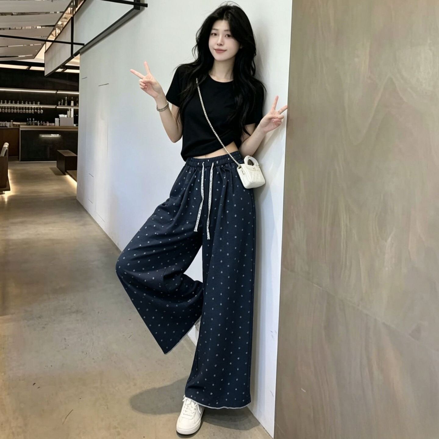 黑色波点阔腿裤女夏季新款高腰显瘦韩系弯刀裤慵懒宽松松紧腰裤子