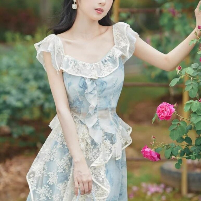 法式风情桔梗两件套装夏蓝色蕾丝超仙温柔奶系穿搭复古半身裙套装