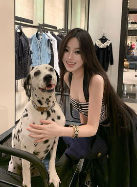 woppei 柳智敏同款新版拼皮条纹吊带女后背交叉设计修身显瘦背心