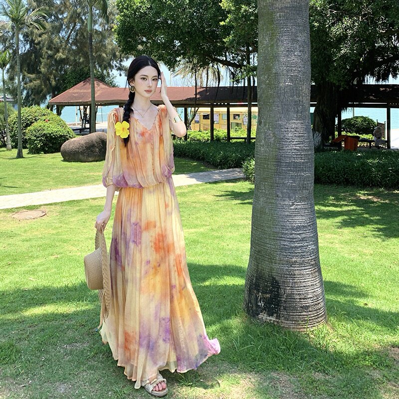 渐变印花连衣裙子女夏季巨好看度假长裙