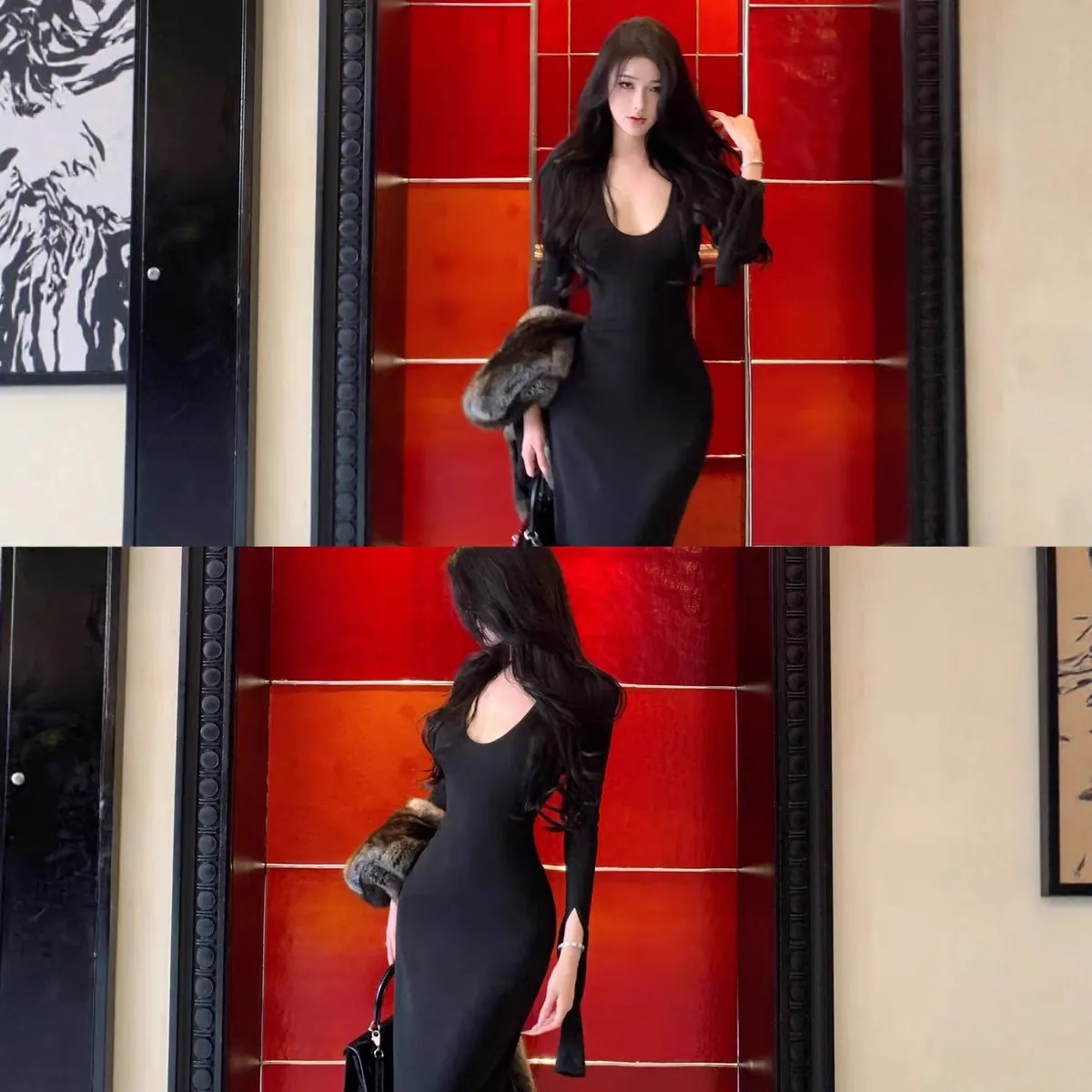 JAYKY YANG曲线雕塑师深U领长袖打底连衣裙露背收腰针织长裙