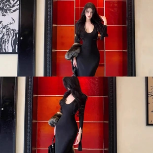 JAYKY YANG曲线雕塑师深U领长袖打底连衣裙露背收腰针织长裙