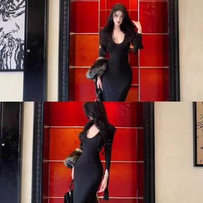 JAYKY YANG曲线雕塑师深U领长袖打底连衣裙露背收腰针织长裙