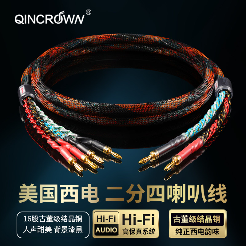 美国西电 发烧级二分四喇叭线纯铜功放hifi音响箱香蕉头Y插连接线