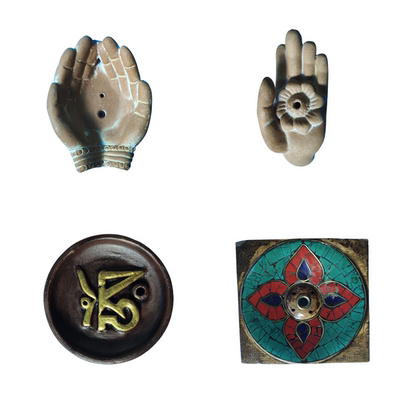 尼泊尔手工红陶木质香盘插 莲花手香座摆件  藏香棒香粗孔香插