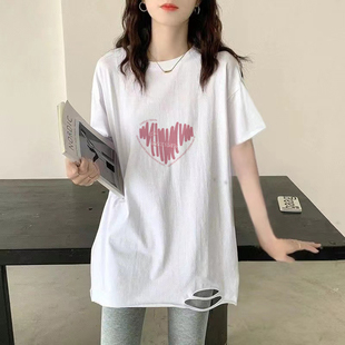 纯棉破洞白色遮臀纯色t恤中长款短袖女遮屁股宽松显瘦长t上衣夏季