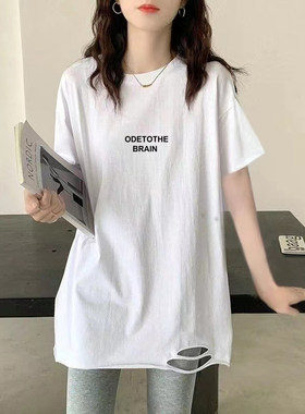 韩版纯棉短袖破洞宽松显瘦T恤女