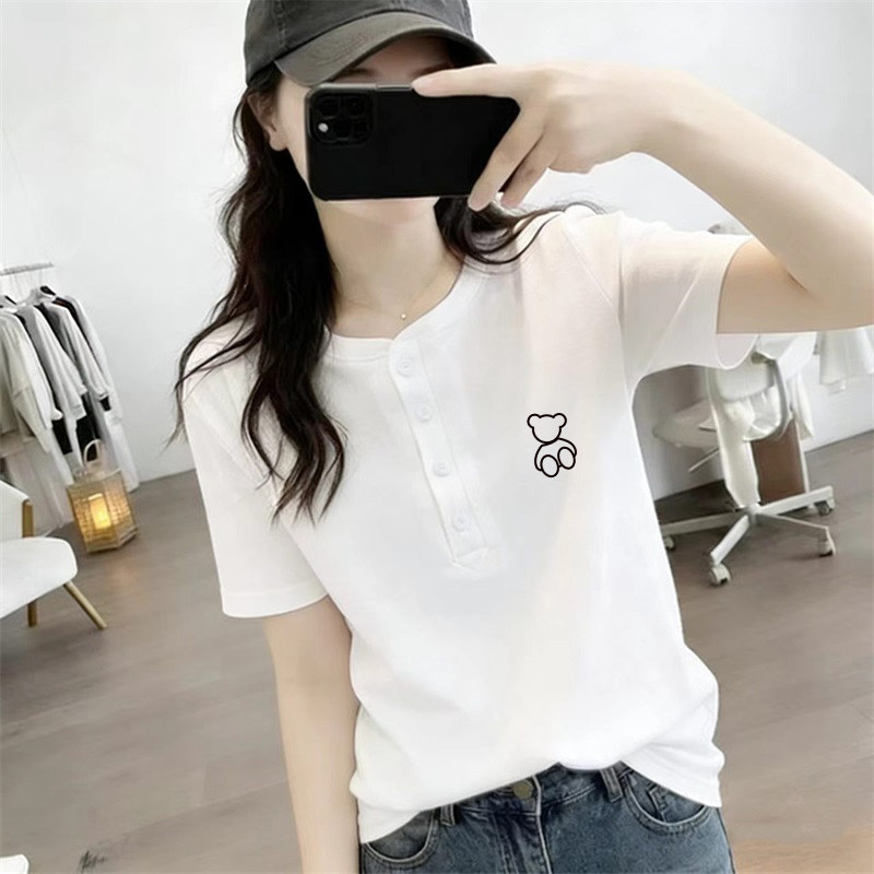 夏季纯棉白色小个子短袖T恤女纽扣修身显瘦百搭时尚上衣女高级感