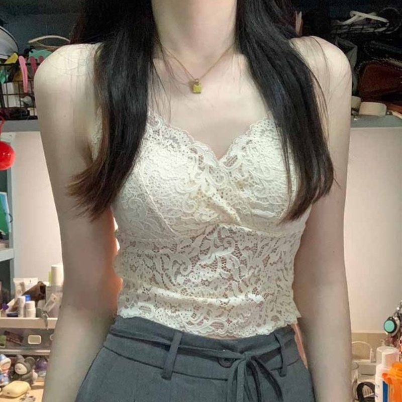 大码法式蕾丝吊带背心女外穿夏带胸垫美背文胸一体内搭上衣防走光