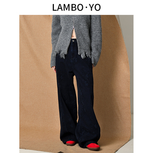 LAMBOYO春季新款高腰显瘦阔腿牛仔裤做旧水洗休闲直筒裤女