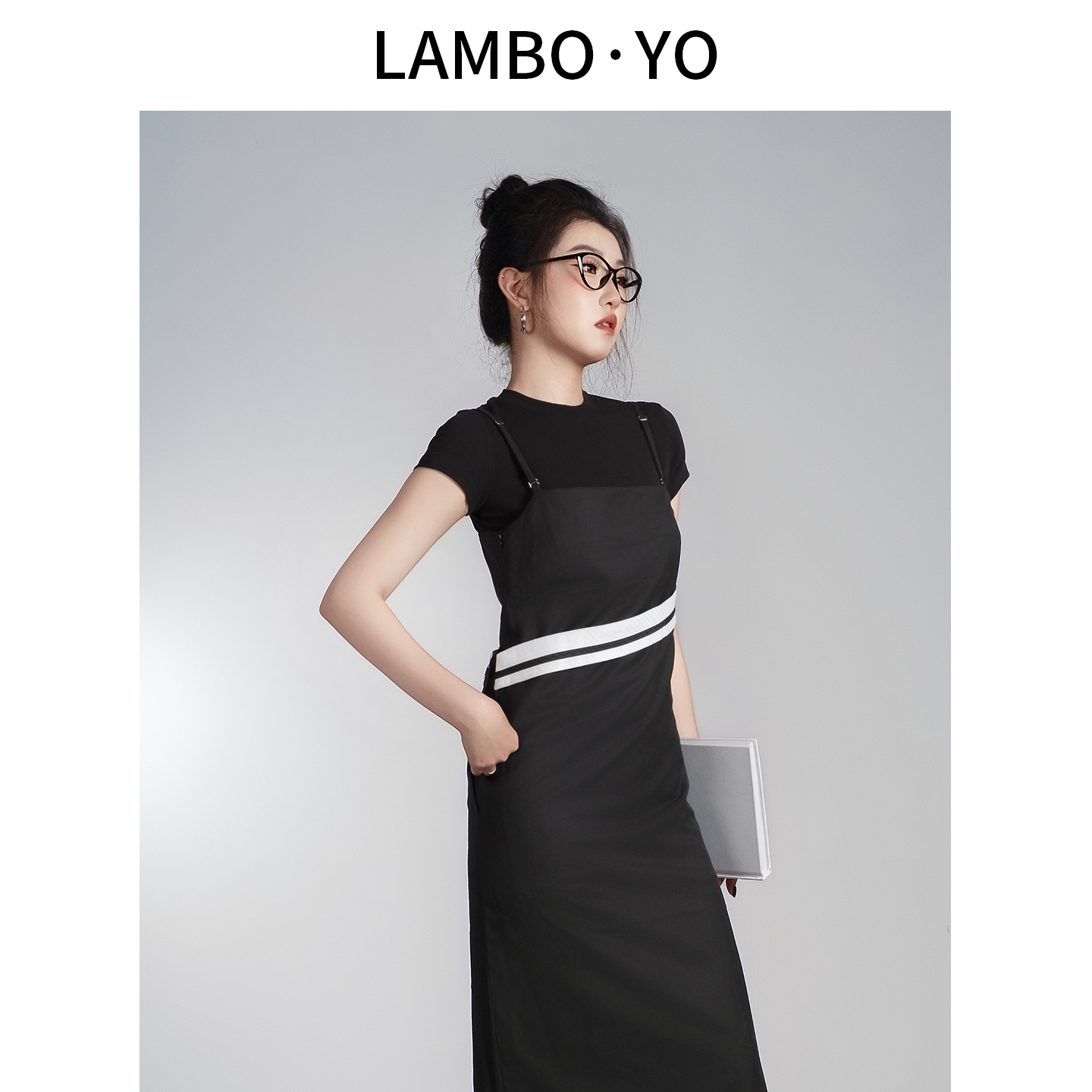 修身拼接撞色吊带连衣裙