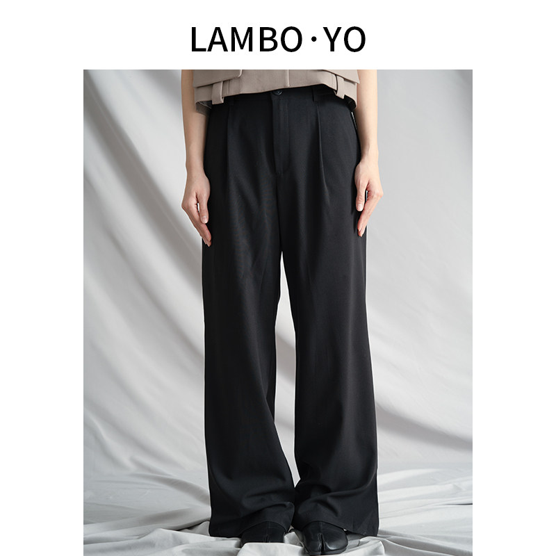 【超划算】LAMBOYO薄款高腰休闲直筒裤后腰有松紧压褶拖地西装裤