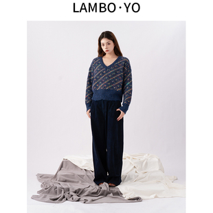 LAMBOYO2025冬季圣诞新款针织衫复古慵懒风V领撞色费尔岛羊毛衣女