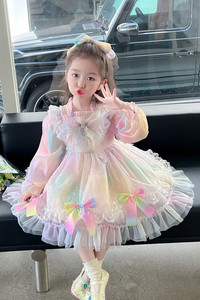女童彩虹洛丽塔连衣裙公主裙春秋装2025新款洋气儿童蓬蓬彩虹裙