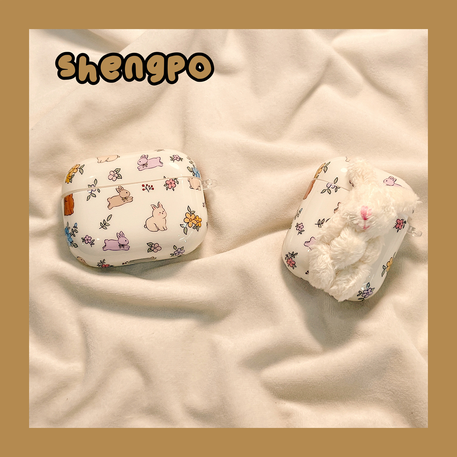 ins清新花朵毛绒兔子耳机壳