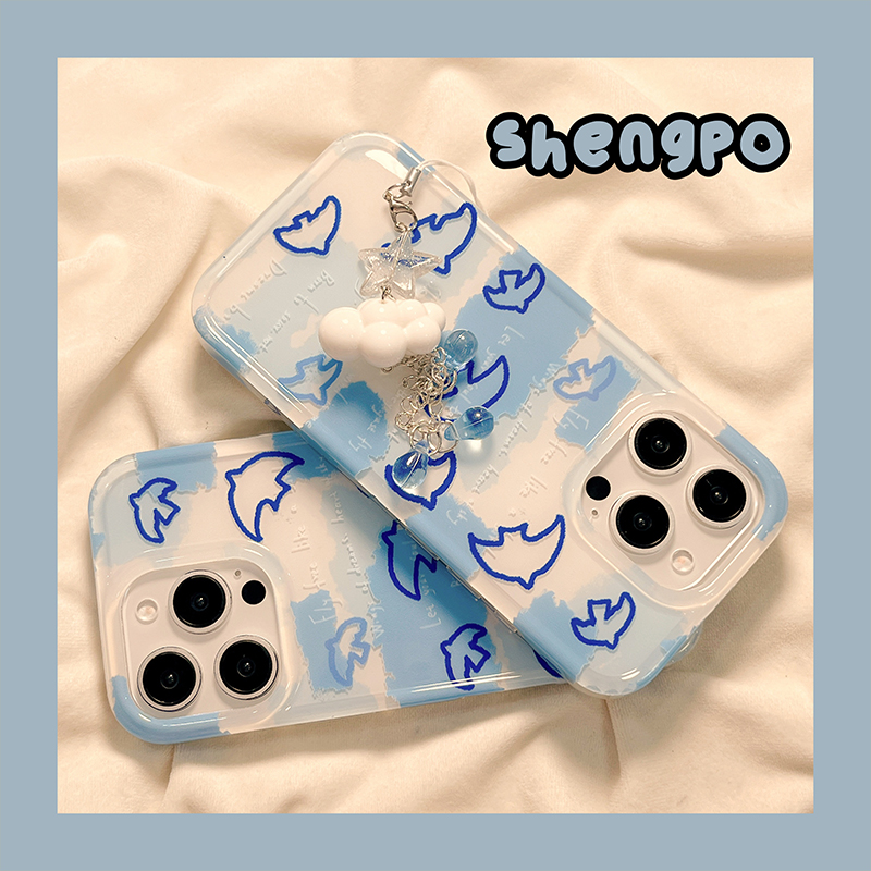 ins蓝色天空白云小鸟适用苹果16手机壳小众iphone15promax简约新款16promax带挂件防摔14Pro硅胶13pro女全包