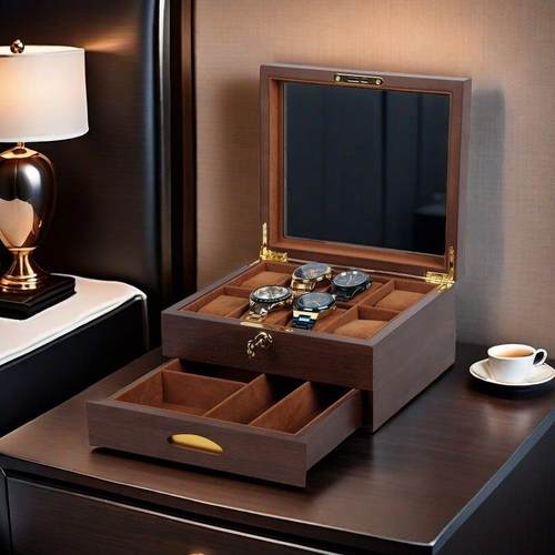 高级款烤漆黑胡桃纹8位手表盒高端带锁珠宝首饰收纳展示包装盒子