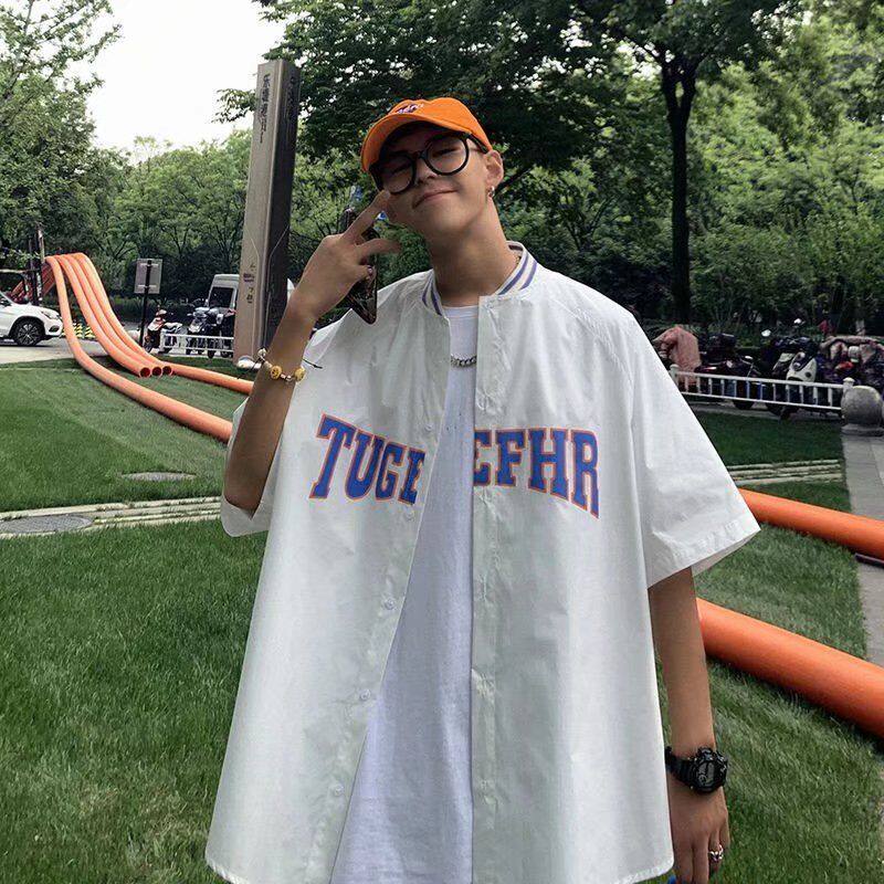 夏季薄款高街潮牌棒球领短袖衬衫男个性字母宽松ins嘻哈半袖衬衣
