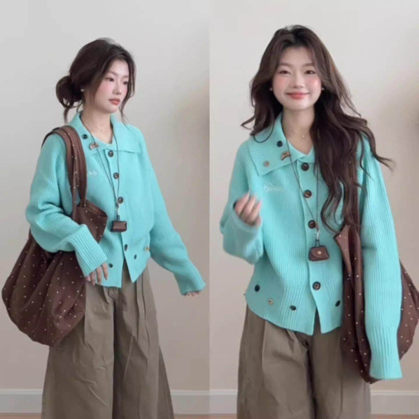 慵懒风蓝色翻领软糯毛衣外套女秋冬新款小个子宽松显瘦针织开衫潮