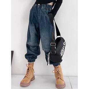 女童牛仔裤春秋女孩时髦潮裤子中大童加绒外穿长裤宽松束脚老爹裤