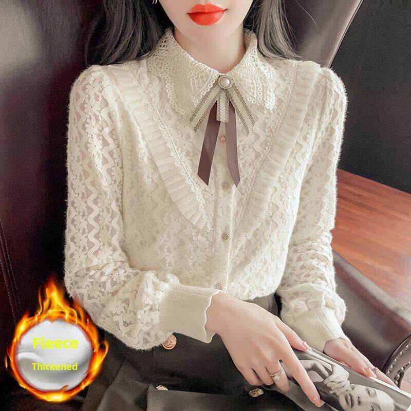 打底衫女时髦时尚洋气蕾丝内搭秋冬长袖加绒加厚娃娃领衬衫上衣