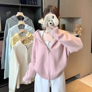 大码胖mm秋冬慵懒风连帽短款针织开衫女宽松遮肉显瘦百搭毛衣外套