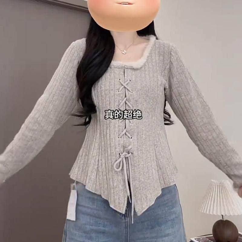 法式方领加绒内搭针织衫女冬季新款大尺码胖mm纯欲风辣妹上衣打底