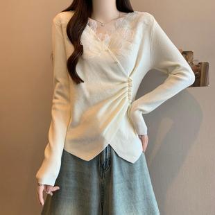 大码蕾丝v领打底衫女秋冬内搭胖mm收腰显瘦设计感不规则针织上衣