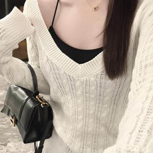 「温特学院」英伦V领毛衣长袖麻花条纹针织衫2025春秋上衣