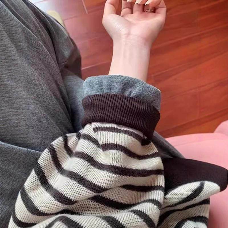 韩系覆古条纹无帽加绒卫衣女特大码300斤宽松慵懒加厚打底衫上衣