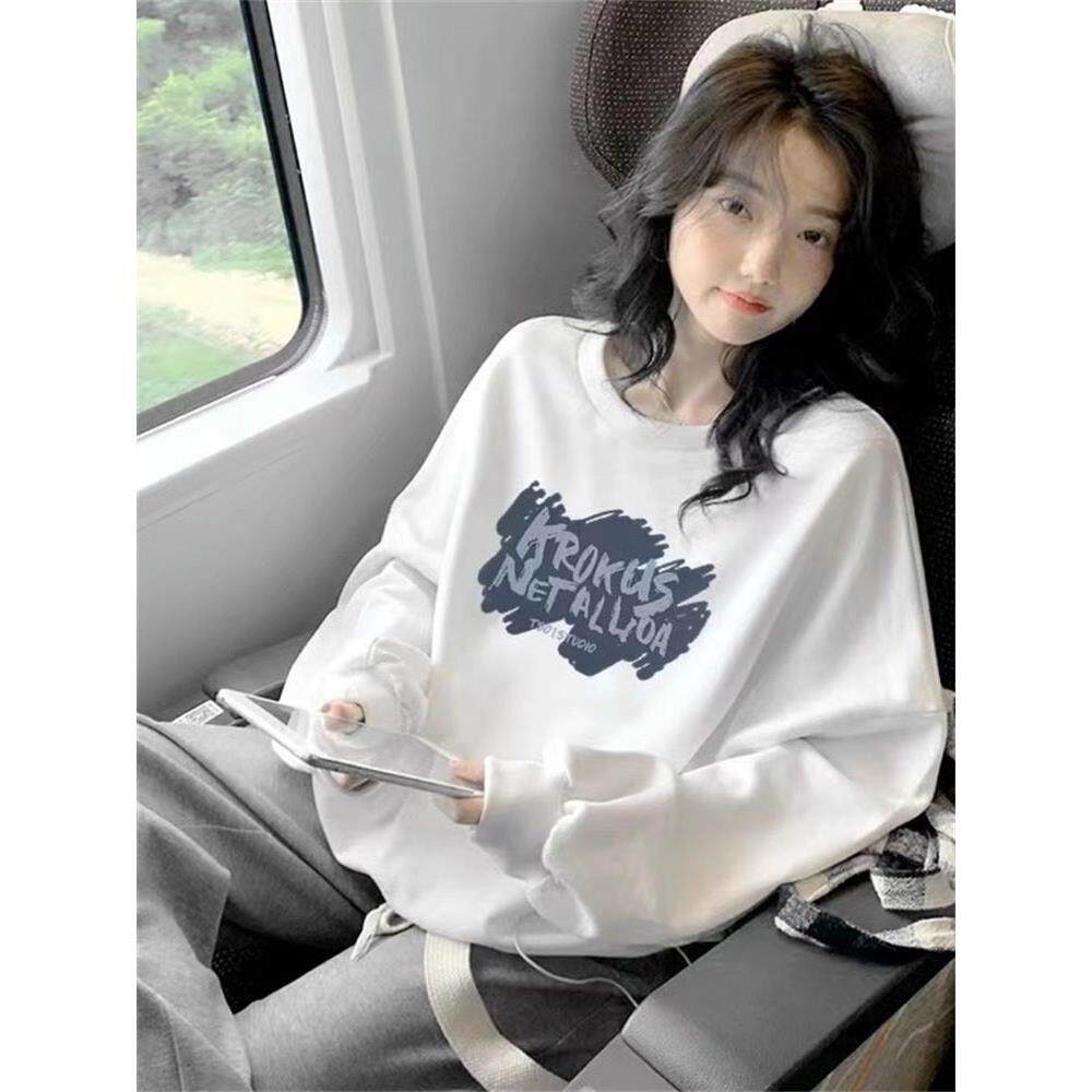 女童圆领卫衣上衣百搭女孩大童初中生秋装儿童洋气无帽白色童装