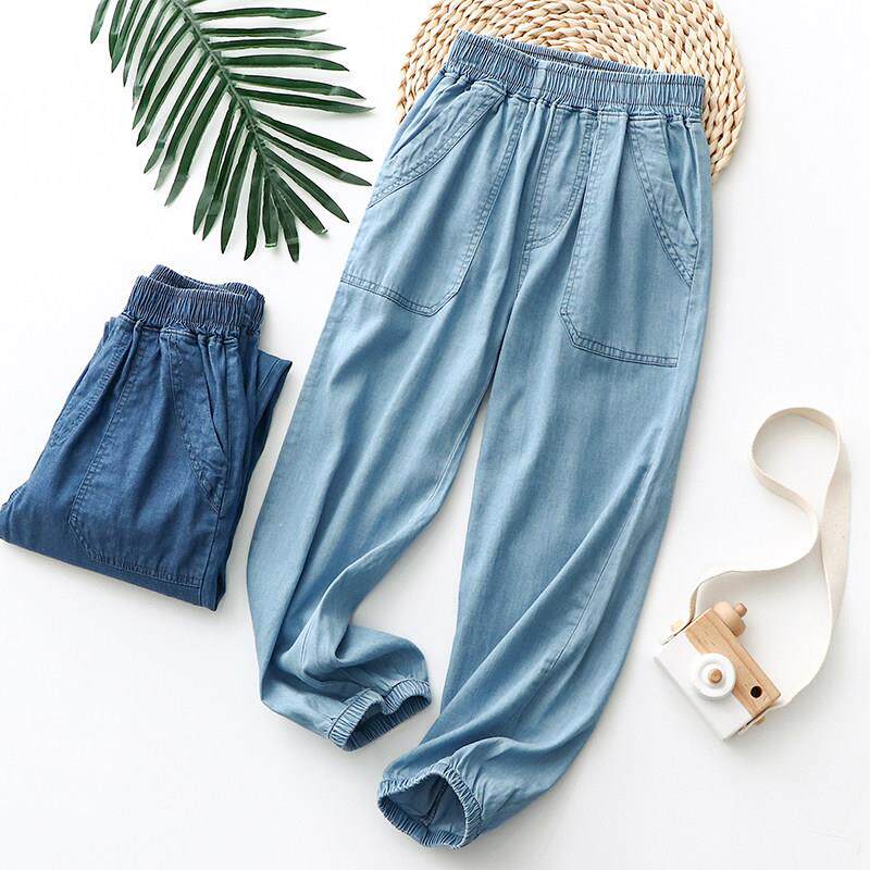 男女童防蚊裤子天丝牛仔裤带兜儿童夏季薄款中大童运动冰丝长裤