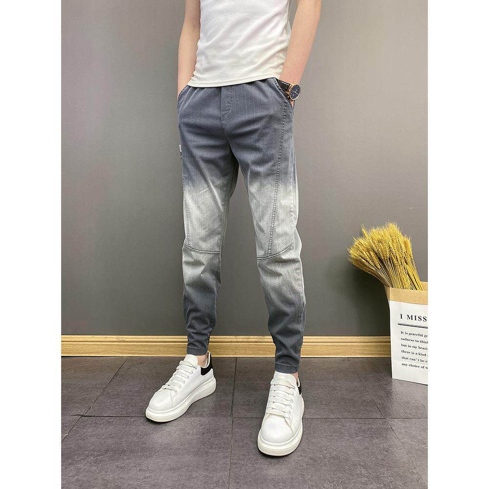 夏季潮流百搭韩版青年男士渐变修身束脚裤薄款宽松休闲牛仔裤子男