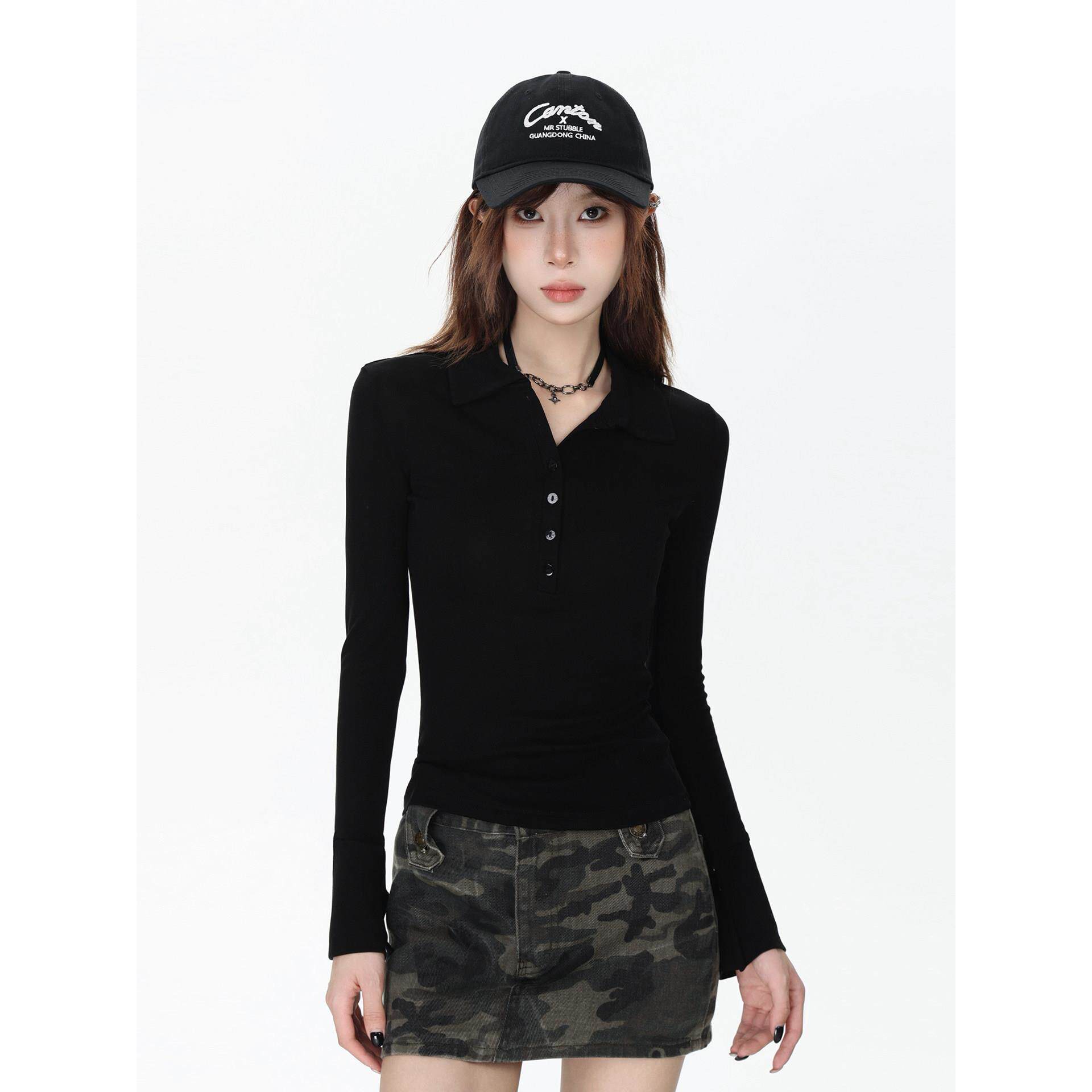 黑色Polo领长袖T恤女2025秋季正肩时尚百搭针织衫打底辣妹风上衣